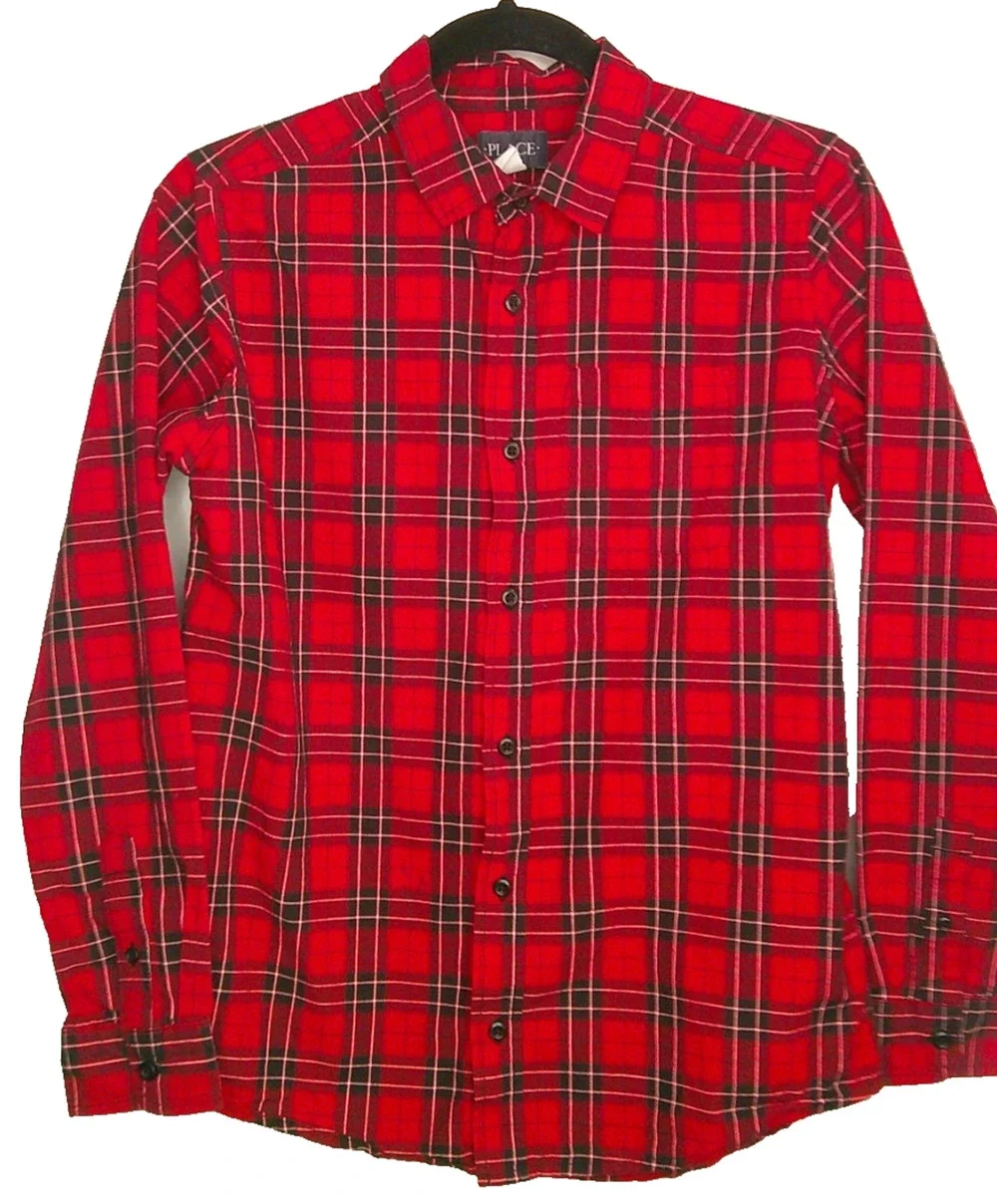 Children's Place Youth XXL 16 Red Black Long Sleeve Button-down Plaid Shirt